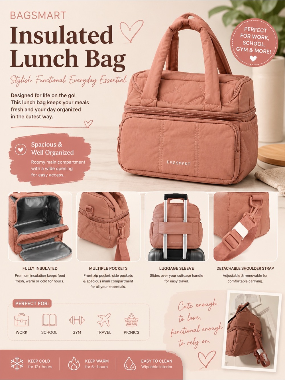 BAGSMART Quilted Insulated Lunch Tote Bag Pink Travel Work Bag Crossbody
